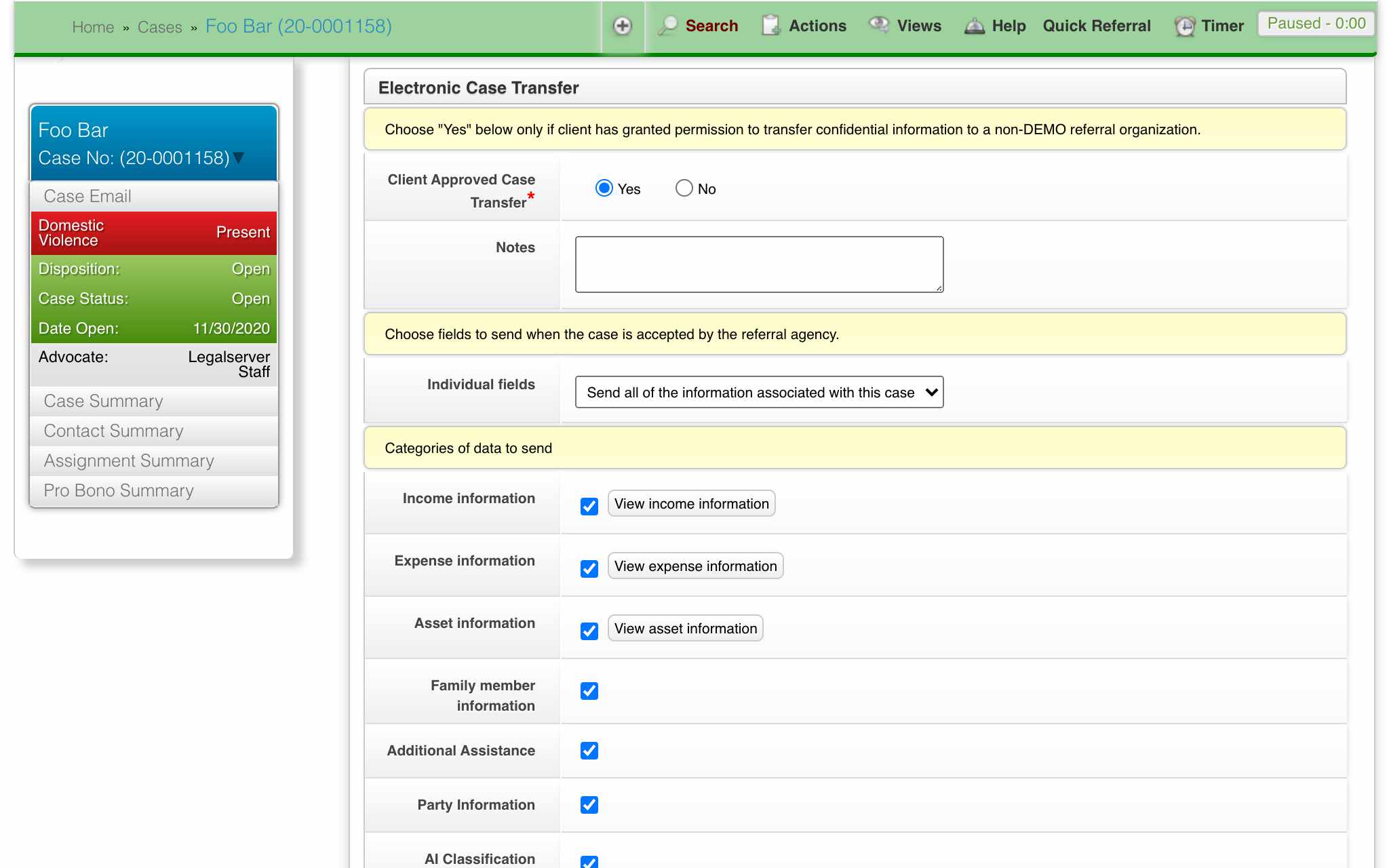 Electronic Case Transfer screenshot.