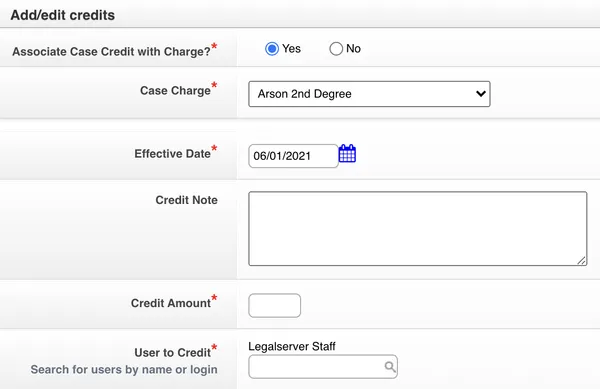 Screenshot of LegalServer case credits billing for public defenders.