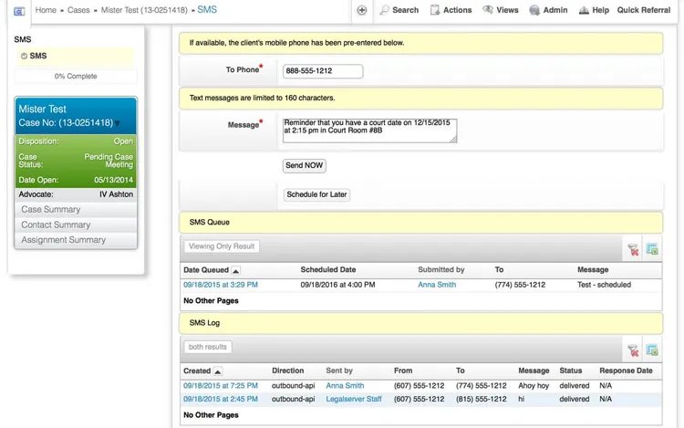 Screenshot showing how to set up an SMS in the LegalServer app.