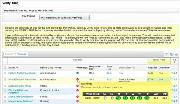 Screenshot of LegalServer electronic verification of time.
