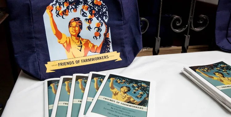 Table with Friends of Farmworkers tote bag and brochures.
