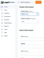 Client Intake and new case creation screenshot.