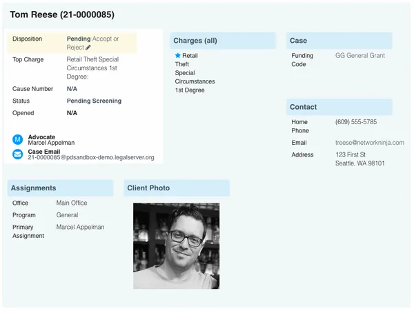 Screenshot of LegalServer software for public defenders case profile page.