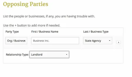 online intake opposing parties information.