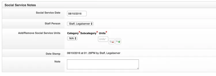 Screenshot of how to add a note to a social service.
